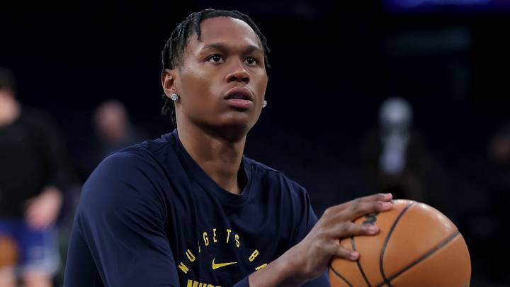 Jan 29, 2025; New York, New York, USA; Denver Nuggets forward Peyton Watson (8) warms up before a game against the New York Knicks at Madison Square Garden. Mandatory Credit: Brad Penner-Imagn Images