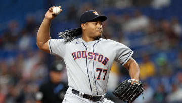 Apr 25, 2023; St. Petersburg, Florida, USA;  Houston Astros starting pitcher Luis Garcia (77) throws a pitch  against the Tampa Bay Rays in the first inning at Tropicana Field. Mandatory Credit: Nathan Ray Seebeck-USA TODAY Sports