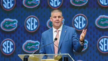 Jul 16, 2025; Atlanta, GA, USA; Florida State Gators head coach Billy Napier talks to the media during the SEC Media Days at Omni Atlanta Hotel. Mandatory Credit: Jordan Godfree-Imagn Images