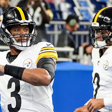 Pittsburgh Steelers quarterback Russell Wilson (3) warms up before a preseason game against Detroit Lions at Ford Field in Detroit on Saturday, August 24, 2024.