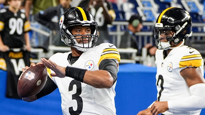 Pittsburgh Steelers quarterback Russell Wilson (3) warms up before a preseason game against Detroit Lions at Ford Field in Detroit on Saturday, August 24, 2024.