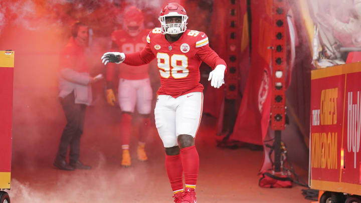 Dec 25, 2023; Kansas City, Missouri, USA; Kansas City Chiefs defensive tackle Tershawn Wharton (98) is introduced against the Las Vegas Raiders prior to a game at GEHA Field at Arrowhead Stadium. Mandatory Credit: Denny Medley-USA TODAY Sports