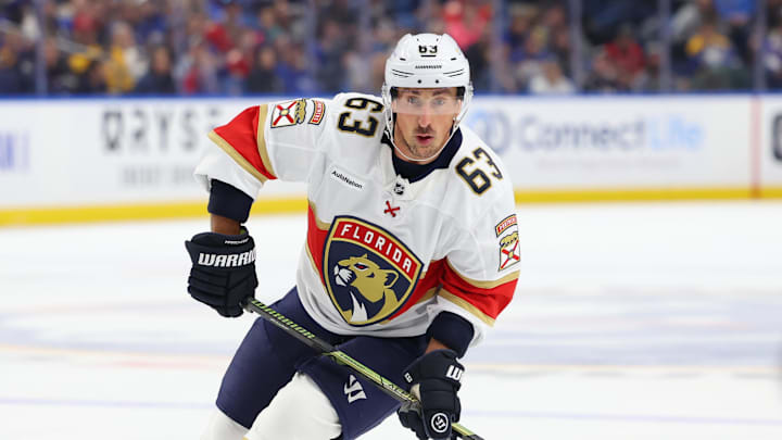 Oct 18, 2025; Buffalo, New York, USA; Florida Panthers left wing Brad Marchand (63) looks to pass during the first period against the Buffalo Sabres at KeyBank Center. Mandatory Credit: Timothy T. Ludwig-Imagn Images Oct 18, 2025; Buffalo, New York, USA; Florida Panthers left wing Brad Marchand (63) looks to pass during the first period against the Buffalo Sabres at KeyBank Center. Mandatory Credit: Timothy T. Ludwig-Imagn Images