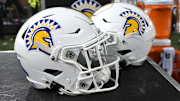 Sep 20, 2024; Pullman, Washington, USA; San Jose State Spartans helmets sit during a game against the Washington State Cougars in the second half at Gesa Field at Martin Stadium. Mandatory Credit: James Snook-Imagn Images
