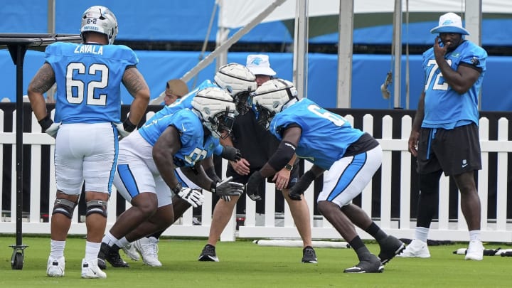 Jul 30, 2024; Charlotte, NC, USA; Offensive line drill during training camp at Carolina Panthers Practice Fields. Mandatory Credit: 