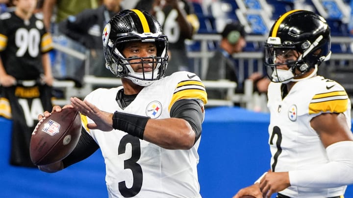 Pittsburgh Steelers quarterback Russell Wilson (3) warms up before a preseason game against Detroit Lions at Ford Field in Detroit on Saturday, August 24, 2024.