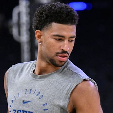 Apr 1, 2025; New York, New York, USA; Philadelphia 76ers guard Quentin Grimes (5) warms up before a game against the New York Knicks at Madison Square Garden. Mandatory Credit: John Jones-Imagn Images