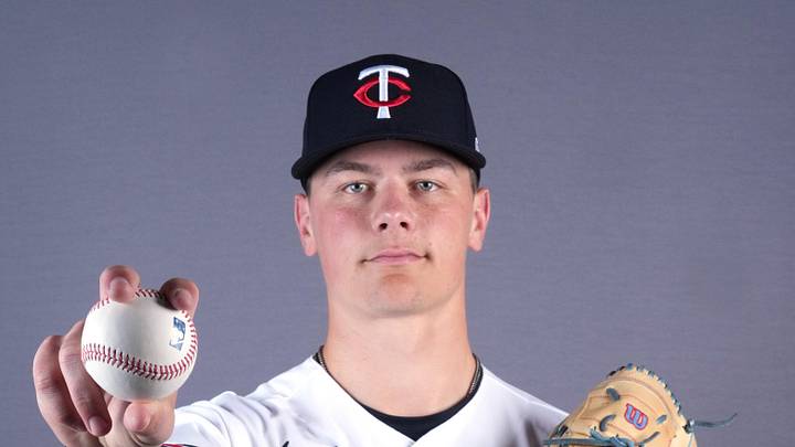 Feb 19, 2026; Lee County, FL, USA;  Minnesota Twins pitcher John Klein (71) poses during photo day at Hammond Stadium. Mandatory Credit: Jim Rassol-Imagn Images