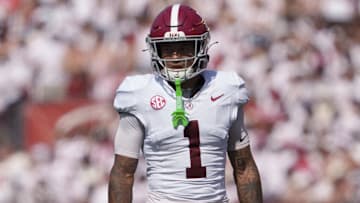 Sep 14, 2024; Madison, Wisconsin, USA;  Alabama Crimson Tide defensive back Domani Jackson (1) during the game against the Wisconsin Badgers at Camp Randall Stadium. Mandatory Credit: Jeff Hanisch-Imagn Images