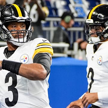 Pittsburgh Steelers quarterback Russell Wilson (3) warms up before a preseason game against Detroit Lions at Ford Field in Detroit on Saturday, August 24, 2024.