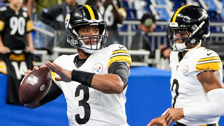 Pittsburgh Steelers quarterback Russell Wilson (3) warms up before a preseason game against Detroit Lions at Ford Field in Detroit on Saturday, August 24, 2024.