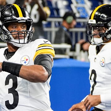 Pittsburgh Steelers quarterback Russell Wilson (3) warms up before a preseason game against Detroit Lions at Ford Field in Detroit on Saturday, August 24, 2024.