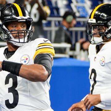 Pittsburgh Steelers quarterback Russell Wilson (3) warms up before a preseason game against Detroit Lions at Ford Field in Detroit on Saturday, August 24, 2024.