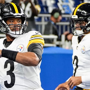 Pittsburgh Steelers quarterback Russell Wilson (3) warms up before a preseason game against Detroit Lions at Ford Field in Detroit on Saturday, August 24, 2024.