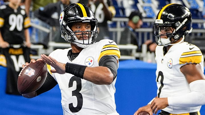 Pittsburgh Steelers quarterback Russell Wilson (3) warms up before a preseason game against Detroit Lions at Ford Field in Detroit on Saturday, August 24, 2024.