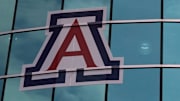 Apr 2, 2021; San Antonio, Texas, USA; A general view of the Arizona Wildcats and Connecticut logos at the Alamodome prior to the national semifinals of the women's Final Four of the 2021 NCAA Tournament. Mandatory Credit: Kirby Lee-Imagn Images