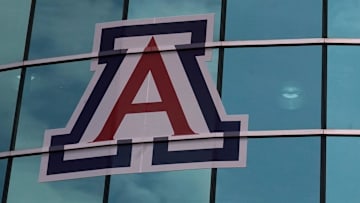 Apr 2, 2021; San Antonio, Texas, USA; A general view of the Arizona Wildcats and Connecticut logos at the Alamodome prior to the national semifinals of the women's Final Four of the 2021 NCAA Tournament. Mandatory Credit: Kirby Lee-Imagn Images