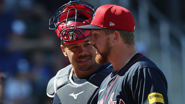 Mar 2, 2025; North Port, Florida, USA; Atlanta Braves catcher Drake Baldwin (75) and Atlanta Braves pitcher Spencer Schwellenbach (56) at the end of the fifth inning against the New York Yankees  at CoolToday Park. Mandatory Credit: Kim Klement Neitzel-Imagn Images