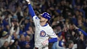 Oct 9, 2025; Chicago, Illinois, USA; Chicago Cubs right fielder Kyle Tucker (30) reacts after hitting a home run against the Milwaukee Brewers during the seventh inning for game four of the NLDS round for the 2025 MLB playoffs at Wrigley Field. Mandatory Credit: David Banks-Imagn Images