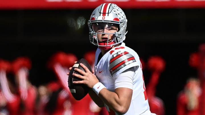 Oct 17, 2026; Bloomington, Indiana, USA;  Ohio State Buckeyes quarterback Julian Sayin (10) drops back to pass during the first quarter against the Indiana Hoosiers at Merchants Bank Field at Memorial Stadium.  Mandatory Credit: Robert Goddin-Imagn Images