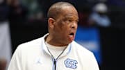 Mar 17, 2025; Dayton, OH, USA; North Carolina Tar Heels head coach Hubert Davis coaches during the First Four Practice at UD Arena. Mandatory Credit: Rick Osentoski-Imagn Images