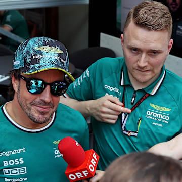 May 2, 2024; Miami Gardens, Florida, USA; Aston Matrin driver Fernando Alonso (14) speaks to the media in advance of the F1 Miami Grand Prix at the Miami International Autodrome. Mandatory Credit: Peter Casey-Imagn Images