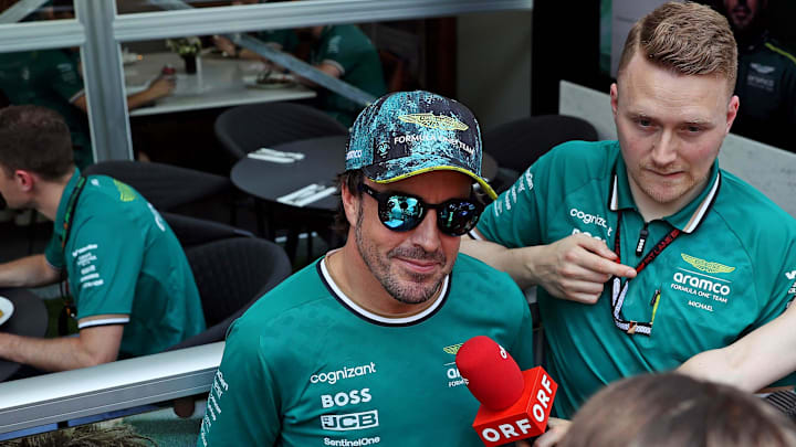 May 2, 2024; Miami Gardens, Florida, USA; Aston Matrin driver Fernando Alonso (14) speaks to the media in advance of the F1 Miami Grand Prix at the Miami International Autodrome. Mandatory Credit: Peter Casey-Imagn Images