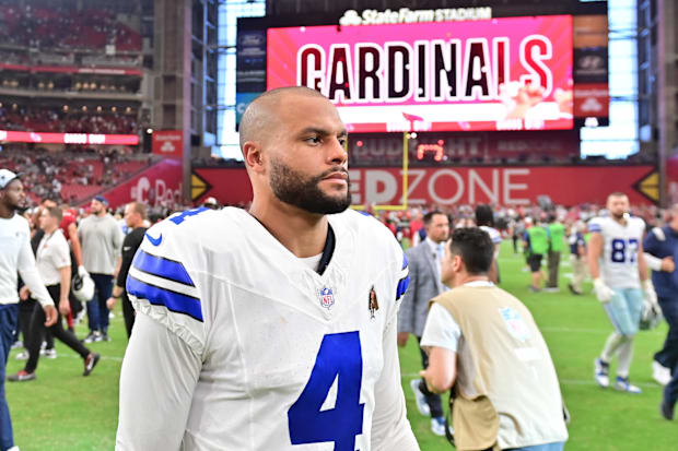 Dallas Cowboys quarterback Dak Prescott reacts after losing to the Arizona Cardinals at State Farm Stadium. 