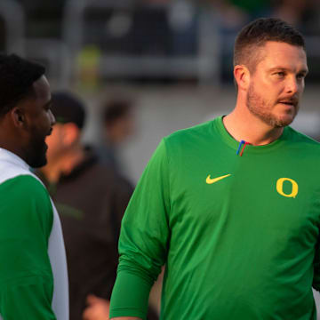Oregon head coach Dan Lanning walks the field ahead of the game as the Oregon Ducks host the Boise State Broncos Saturday, Sept. 7, 2024 at Autzen Stadium in Eugene, Ore.
