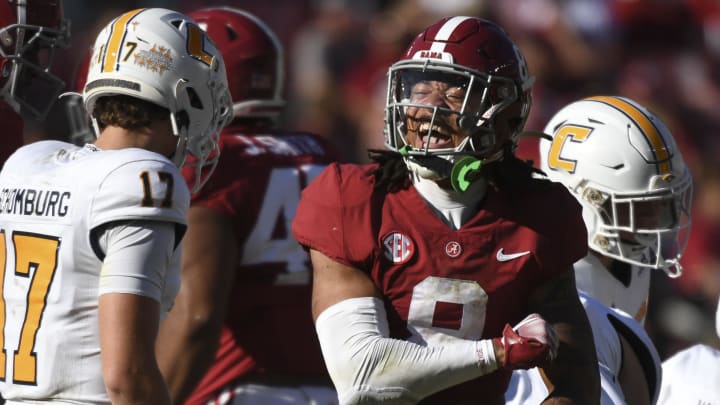 Nov 18, 2023; Tuscaloosa, Alabama, USA;  Alabama Crimson Tide defensive back DeVonta Smith (8) celebrates after making a stop against the Chattanooga Mocs at Bryant-Denny Stadium. Alabama won 66-10. Mandatory Credit: Gary Cosby Jr.-USA TODAY Sports