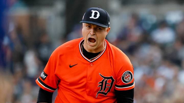 Jul 24, 2026; Detroit, Michigan, USA;  Detroit Tigers pitcher Tarik Skubal (29) celebrates after the third inning against the Kansas City Royals at Comerica Park. Mandatory Credit: Rick Osentoski-Imagn Images