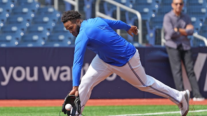 Toronto Blue Jays first baseman Vladimir Guerrero Jr. (27) fields balls at third base during batting practice before game against the Philadelphia Phillies at Rogers Centre on Sept 4.