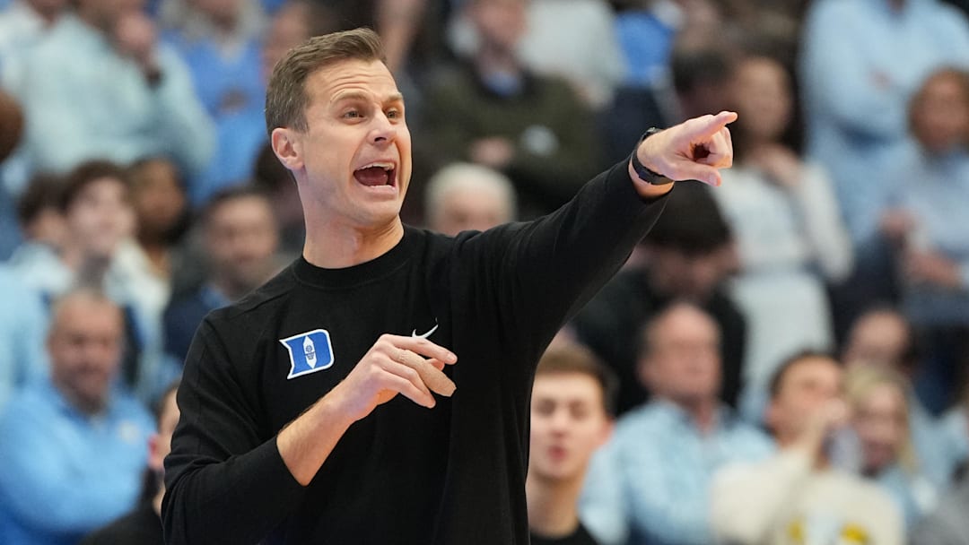 Feb 7, 2026; Chapel Hill, North Carolina, USA;  Duke basketball head coach Jon Scheyer reacts in the first  half at Dean E. Smith Center.
