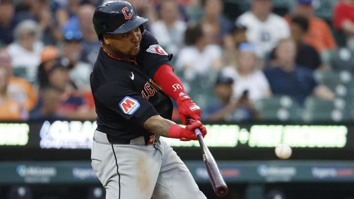 Jul 9, 2024; Detroit, Michigan, USA;  Cleveland Guardians third base Jose Ramírez (11) hits a double in the fourth inning against the Detroit Tigers at Comerica Park. Mandatory Credit: Rick Osentoski-USA TODAY Sports