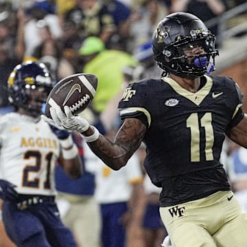 Aug 29, 2024; Winston-Salem, North Carolina, USA;  Wake Forest Demon Deacons wide receiver Donavon Greene (11) reacts to his touchdown against the North Carolina A&T Aggies during the first half at Allegacy Federal Credit Union Stadium. Mandatory Credit: Jim Dedmon-Imagn Images