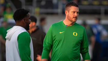 Oregon head coach Dan Lanning walks the field ahead of the game as the Oregon Ducks host the Boise State Broncos Saturday, Sept. 7, 2024 at Autzen Stadium in Eugene, Ore.