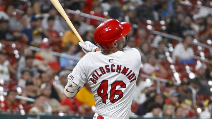 St. Louis Cardinals first baseman Paul Goldschmidt (46) hits a two run home run against the San Diego Padres during the fifth inning at Busch Stadium on Aug 27.