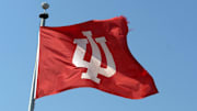 General view of a University of Indiana Hoosiers logo flag at Memorial Stadium.