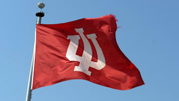 General view of a University of Indiana Hoosiers logo flag at Memorial Stadium.