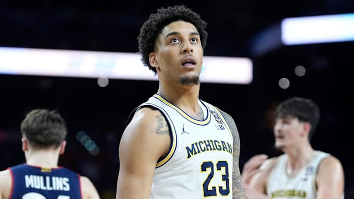 Michigan forward Yaxel Lendeborg (23) on the court during the first half of the NCAA national championship game at Lucas Oil Stadium in Indianapolis on Monday, April 6, 2026.