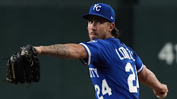 Jul 6, 2025; Phoenix, Arizona, USA; Kansas City Royals pitcher Michael Lorenzen (24) throws against the Arizona Diamondbacks in the first inning at Chase Field. Mandatory Credit: Rick Scuteri-Imagn Images