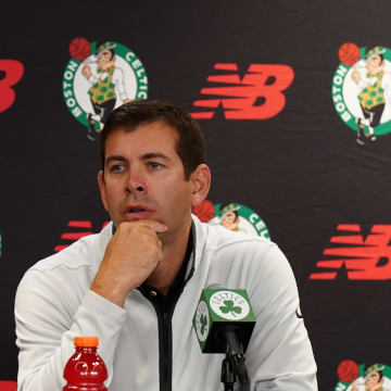 Oct 2, 2023; Boston, Celtics, USA; Boston Celtics president of basketball operations Brad Stevens talks during Boston Celtics Media Day. Mandatory Credit: David Butler II-USA TODAY Sports