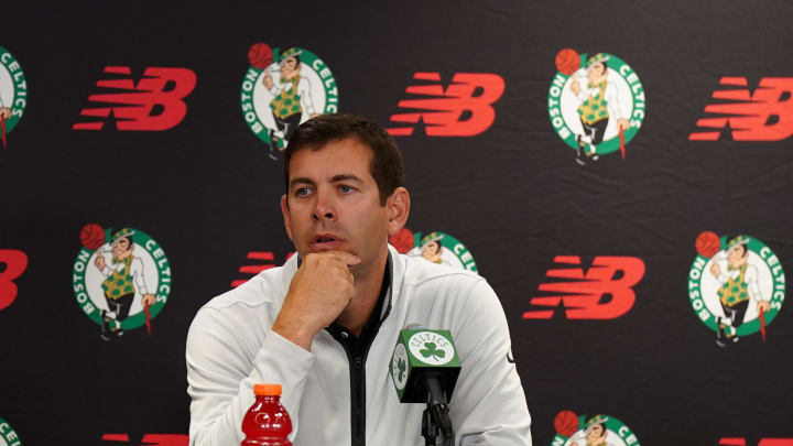 Oct 2, 2023; Boston, Celtics, USA; Boston Celtics president of basketball operations Brad Stevens talks during Boston Celtics Media Day. Mandatory Credit: David Butler II-USA TODAY Sports