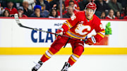 Jan 23, 2025; Calgary, Alberta, CAN; Calgary Flames left wing Andrei Kuzmenko (96) skates against the Buffalo Sabres during the first period at Scotiabank Saddledome. Mandatory Credit: Sergei Belski-Imagn Images