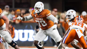 Dec 21, 2024; Austin, Texas, USA; Texas Longhorns offensive lineman Kelvin Banks Jr. (78) against the Clemson Tigers during the CFP National playoff first round at Darrell K Royal-Texas Memorial Stadium. Mandatory Credit: Mark J. Rebilas-Imagn Images