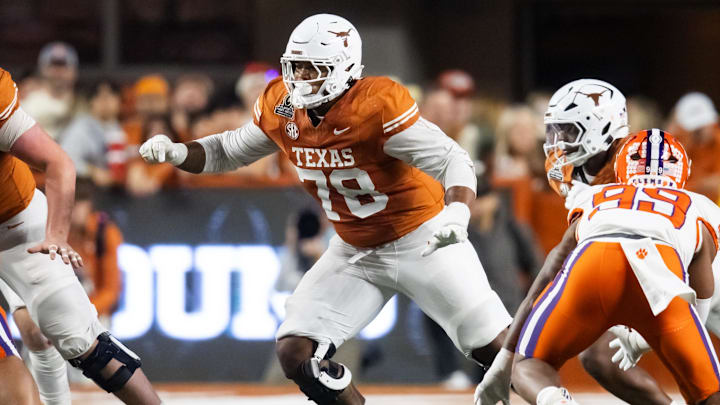 Dec 21, 2024; Austin, Texas, USA; Texas Longhorns offensive lineman Kelvin Banks Jr. (78) against the Clemson Tigers during the CFP National playoff first round at Darrell K Royal-Texas Memorial Stadium. Mandatory Credit: Mark J. Rebilas-Imagn Images