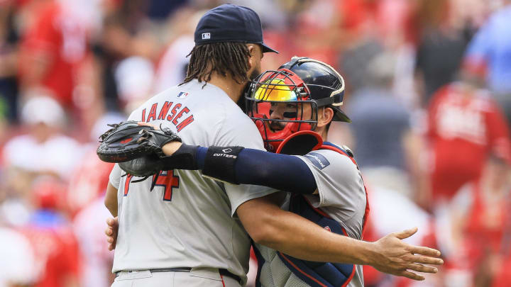 Jun 23, 2024; Cincinnati, Ohio, USA; Boston Red Sox pitcher Kenley Jansen (74) hugs catcher Connor Wong (12) after the victory over the Cincinnati Reds at Great American Ball Park. Mandatory Credit: Katie Stratman-USA TODAY Sports