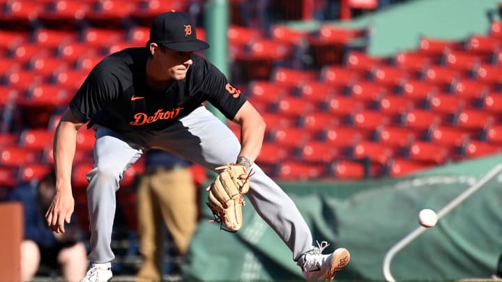 Aug 11, 2023; Boston, Massachusetts, USA; Detroit Tigers third baseman Nick Maton (9) warms up before a game against the Boston Red Sox at Fenway Park. Mandatory Credit: 