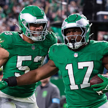 Nov 3, 2024; Philadelphia, Pennsylvania, USA; Philadelphia Eagles linebacker Nakobe Dean (17) reacts to his interception with linebacker Zack Baun (53) during the fourth quarter against the Jacksonville Jaguars at Lincoln Financial Field. Mandatory Credit: Bill Streicher-Imagn Images