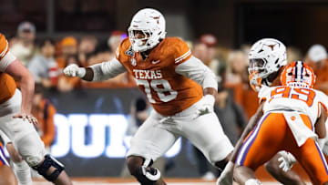 Dec 21, 2024; Austin, Texas, USA; Texas Longhorns offensive lineman Kelvin Banks Jr. (78) against the Clemson Tigers during the CFP National playoff first round at Darrell K Royal-Texas Memorial Stadium. Mandatory Credit: Mark J. Rebilas-Imagn Images